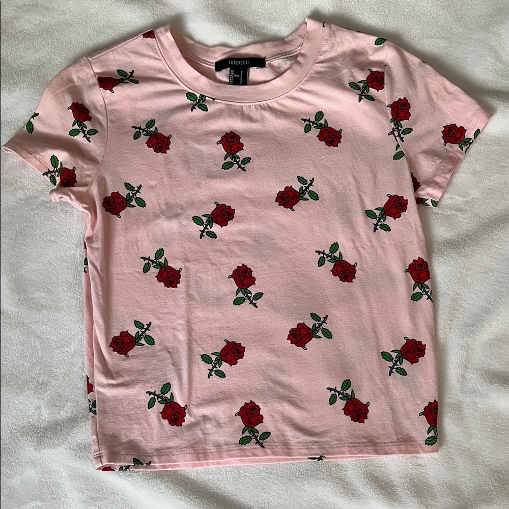 Forever 21 Pink Tee with Red Rose Print
